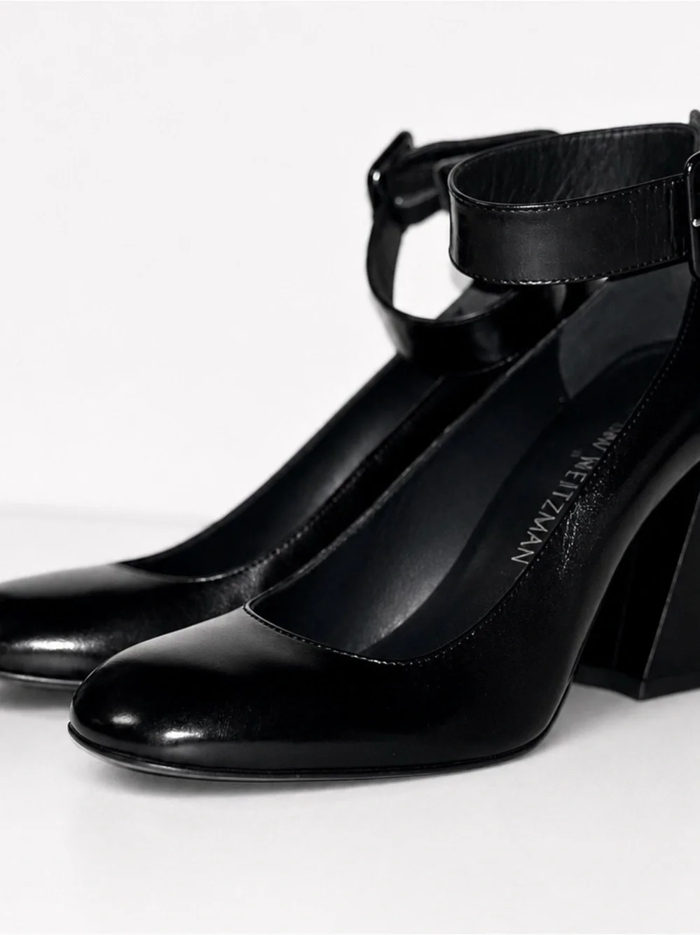 Stuart Weitzman Clarisa Black Leather Block Heel Pump Ankle-Strap Size 6